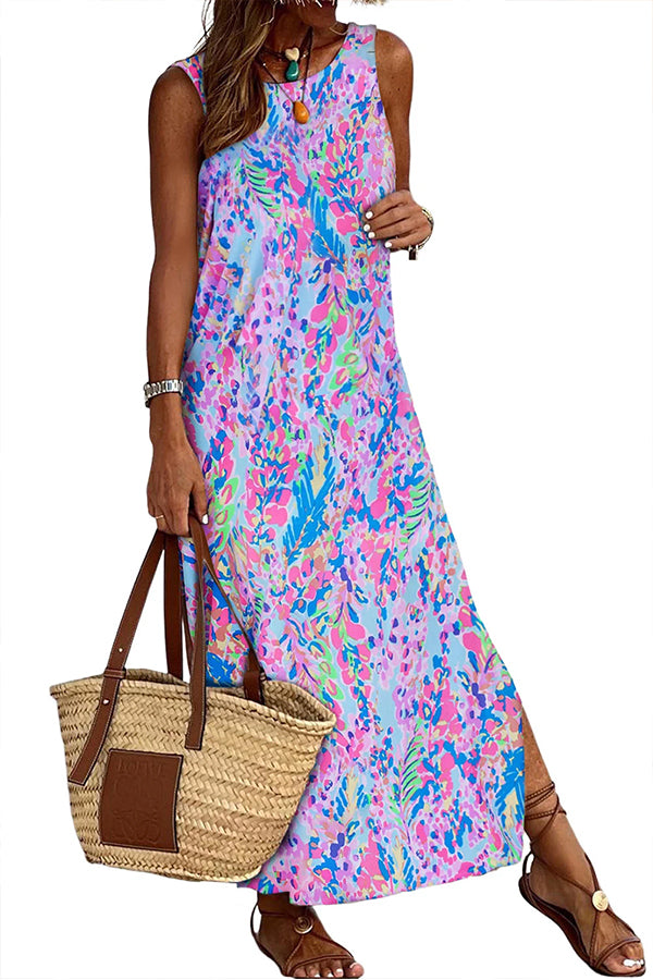 Purple Fluorescent Printed Round Neck Sleeveless Maxi Dress