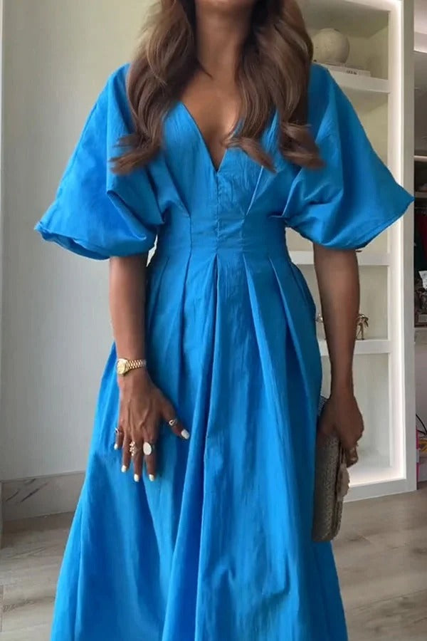 Robe mi-longue plissée à manches bouffantes et larges en lin mélangé Antibes
