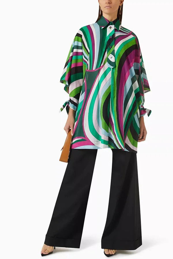 Lorrie Unique Print Button Slit Tie-up Sleeve Oversized Shirt Mini Dress