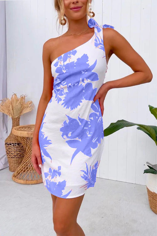 Tie Knot One Shoulder Printed Mini Holiday Dress