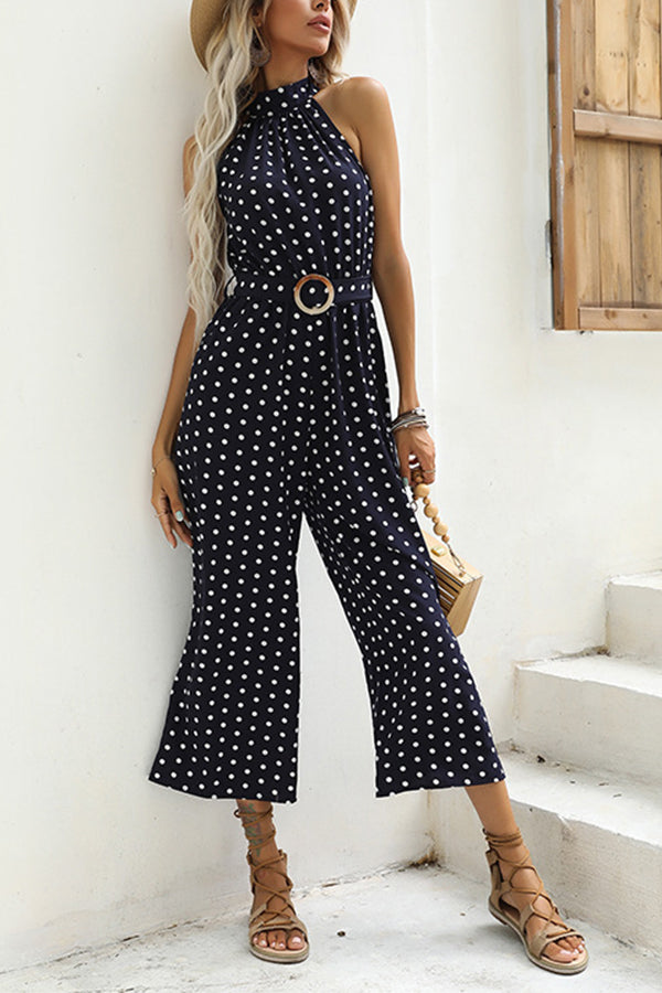 Trendy belt with polka-dot halter neck suspenders wide-leg black jumpsuit