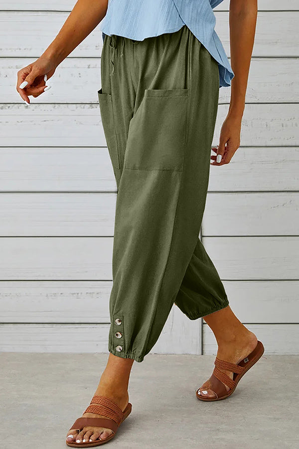 Tatum Linen Blend Elastic Waist Pocketed Button Hem Pants