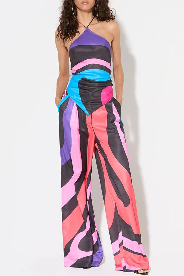 Jodie Unique Print Halter Scarf Tank and Elastic Waist Pocketed Wide Pants Set