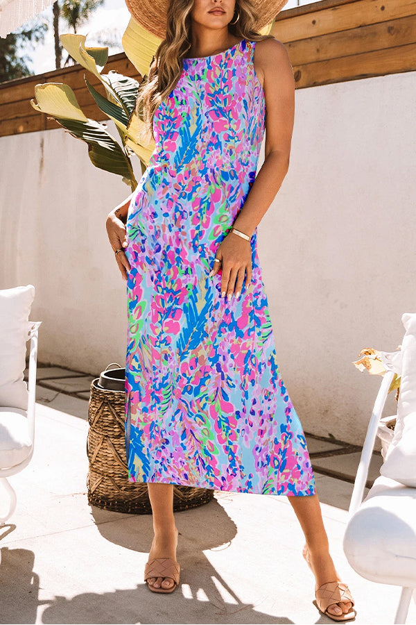 Purple Fluorescent Printed Round Neck Sleeveless Maxi Dress