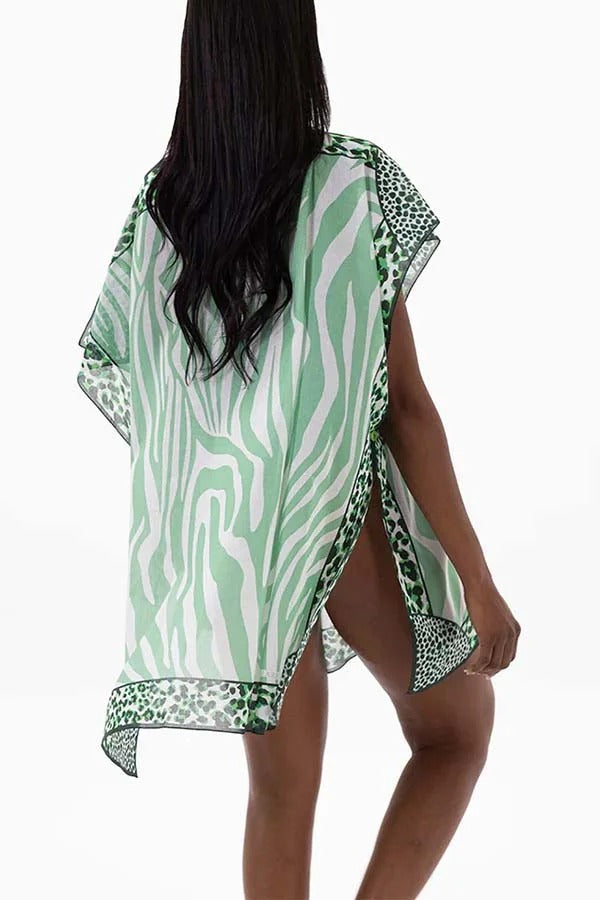 Leopard Mixed Zebra Unique Print One Shoulder Button Detail Loose Cover-up Mini Dress