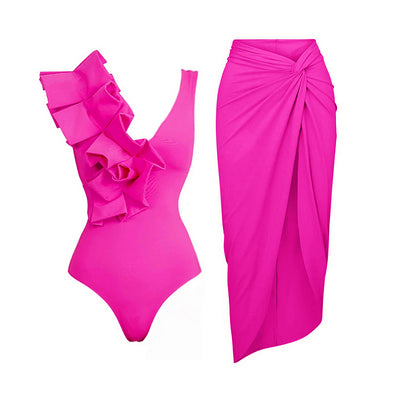 One Shoulder Fold Pink One Piece Swimsuit and Sarong