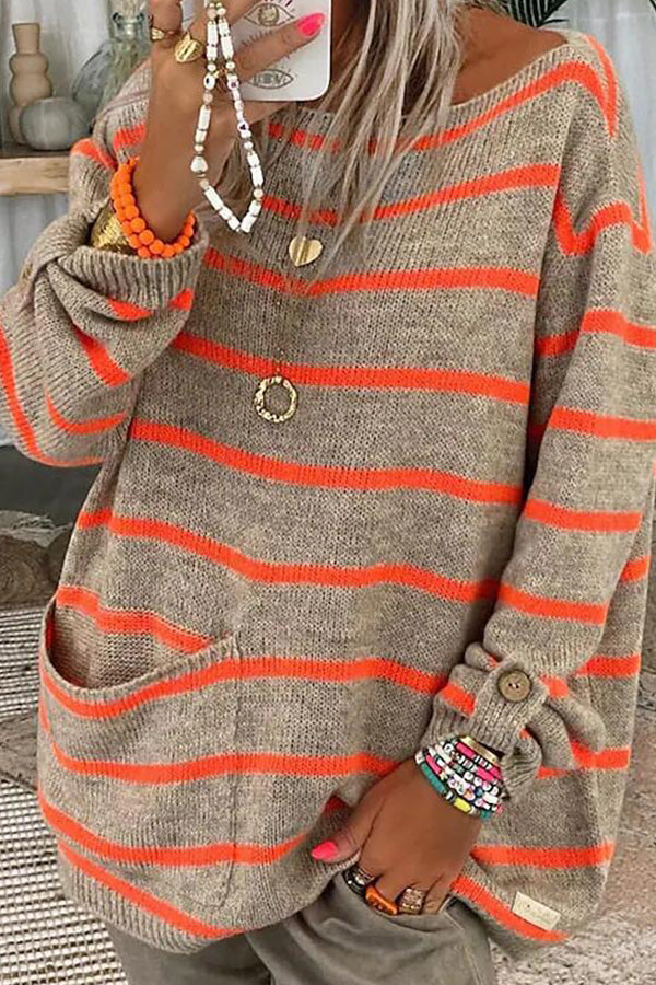 Solid Color Contrast Stripe Pullover Round Neck Loose Sweater