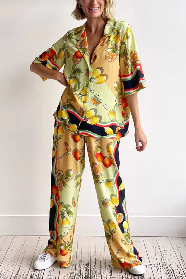 Fruity Citrus Linen Blend Printed Wide Leg Vacation Pants