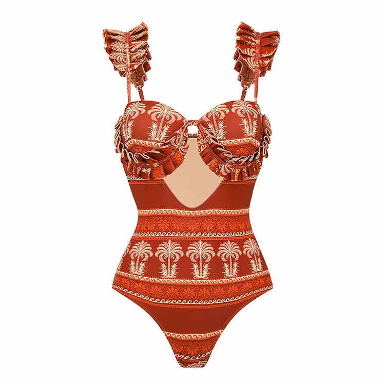 Maillot de bain une pièce à volants et découpes, imprimé fleurs d'eucalyptus, avec jupe 