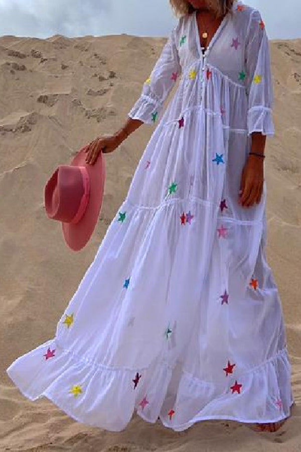 Kenan White Star V Neck Pleated Maxi Dress