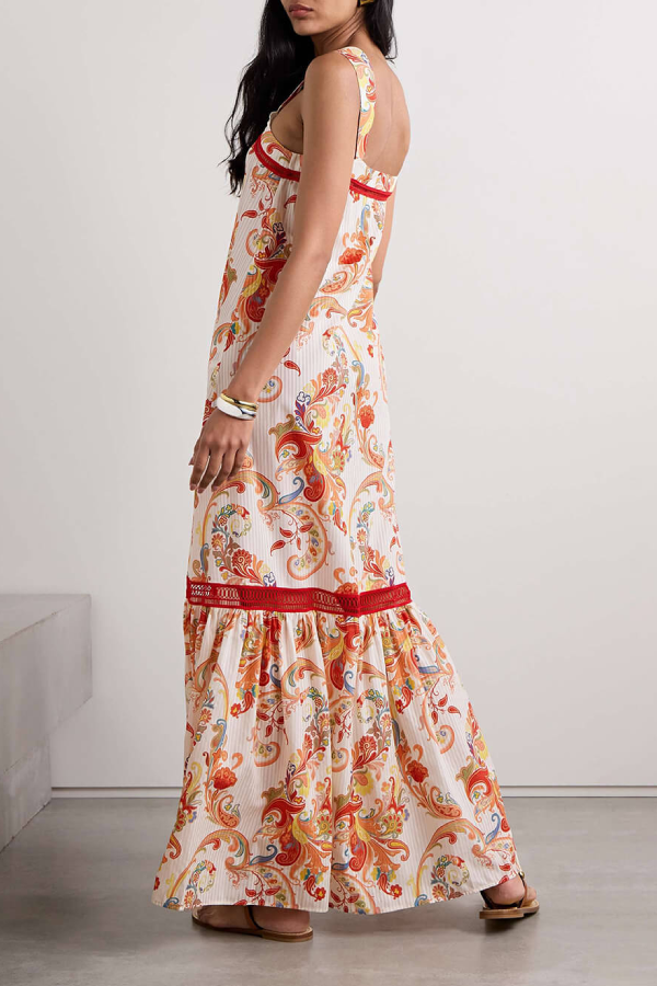 Robe longue moderne et raffinée à imprimé cachemire et bordure en crochet
