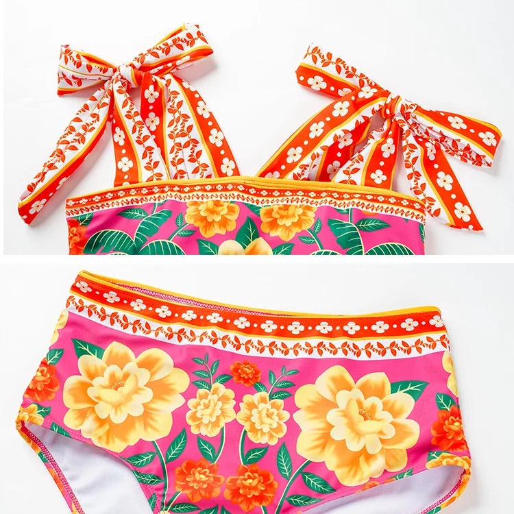 Maillot de bain bikini imprimé fleuri avec nœud papillon et épaules nouées 