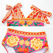 Bowknot Tie-shoulder Flower Print Bikini Swimsuit