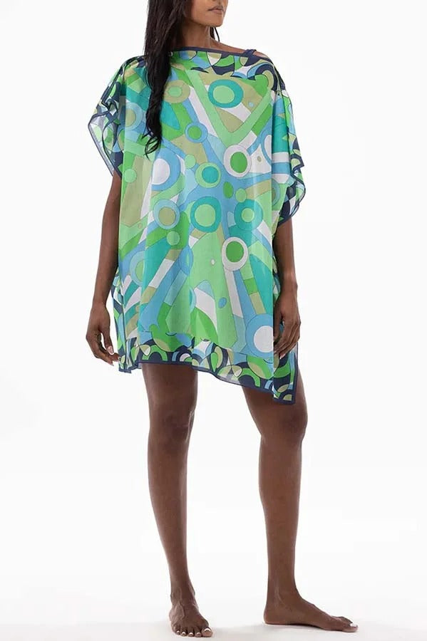Colorful Circle Unique Print One Shoulder Button Detail Loose Cover-up Mini Dress