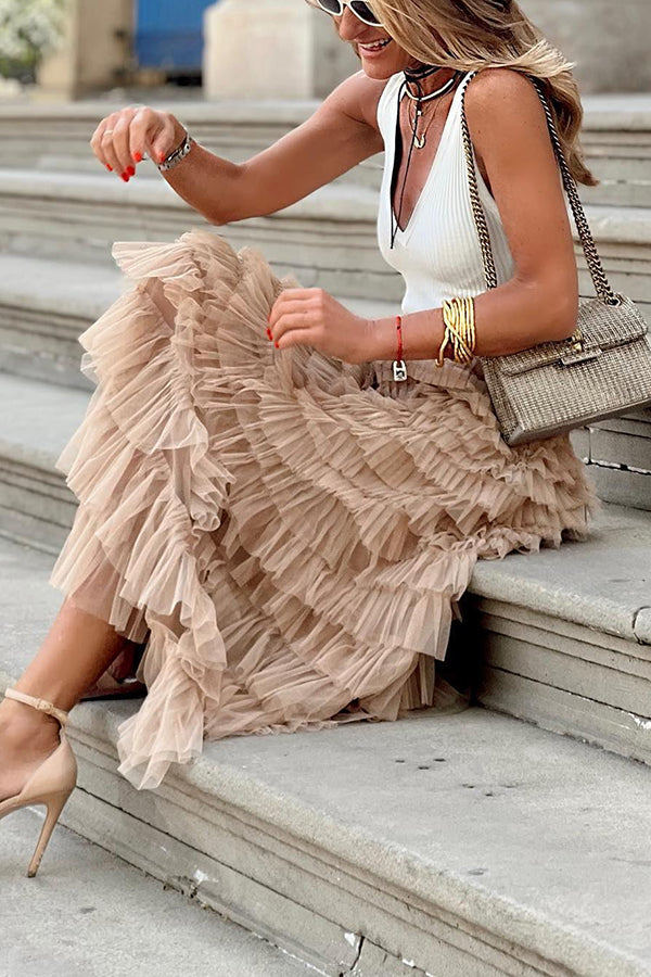Jupe longue en tulle à taille élastique et à volants Soyez votre propre reine de la ville