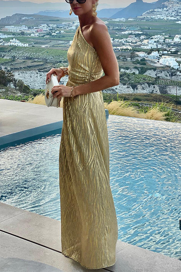 Eternal Shine Gold Animal Printed One Shoulder Maxi Dress