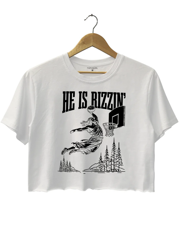 He ls Rizzin Funny Easter Jesus Playing Basketball Crop Top