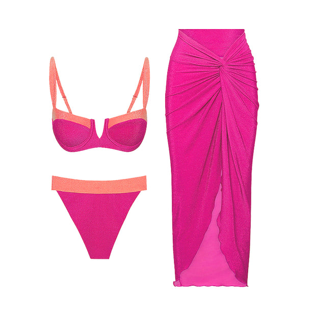 Sling Color Block Bikini Swimsuit and Sarong