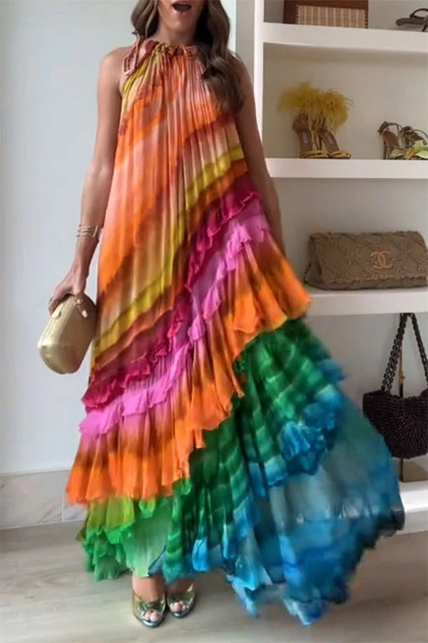 Robe longue trapèze Rosha en crêpe georgette à imprimé tie-dye et volants superposés