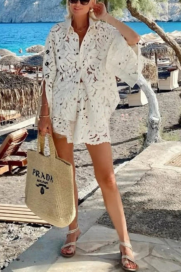 Ensemble chemise à manches longues et short à taille élastique Always Favorite en dentelle ajourée