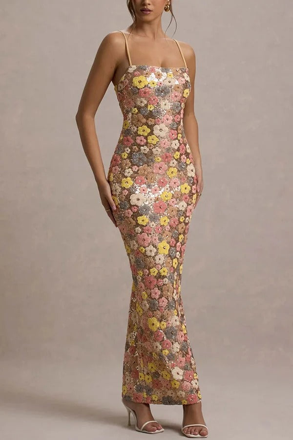 Robe longue extensible à imprimé floral et sequins, col carré, inspirée des années 80