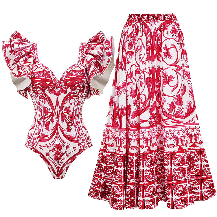 Maillot de bain une pièce et jupe imprimés de style baroque 
