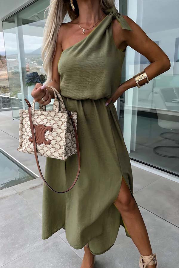 Casual Solid Bandage Oblique Collar Sleeveless Dress Dresses