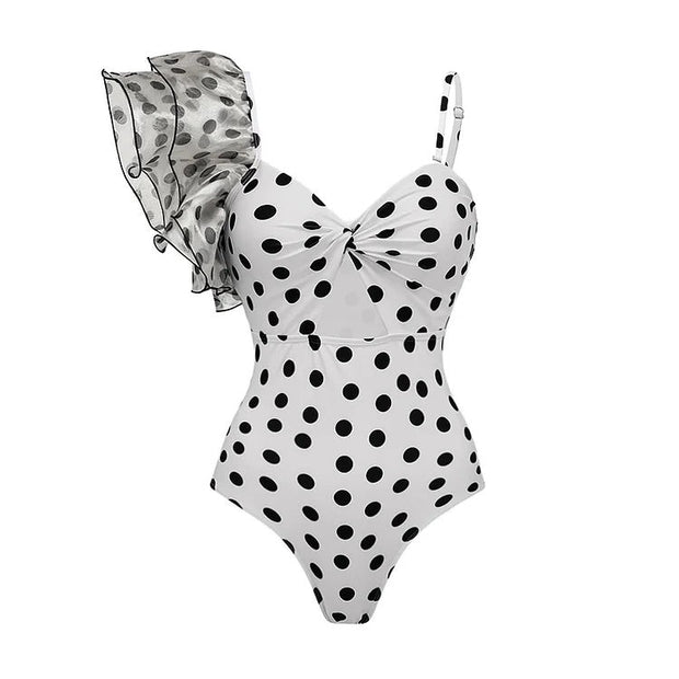 One Shoulder Ruffle Dot Printed Cut Out One Piece Swimsuit and Skirt