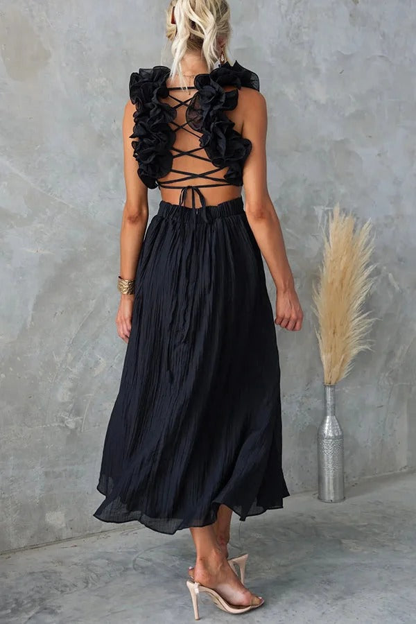 Robe longue de luxe à volants floraux et lacets dans le dos avec taille élastique