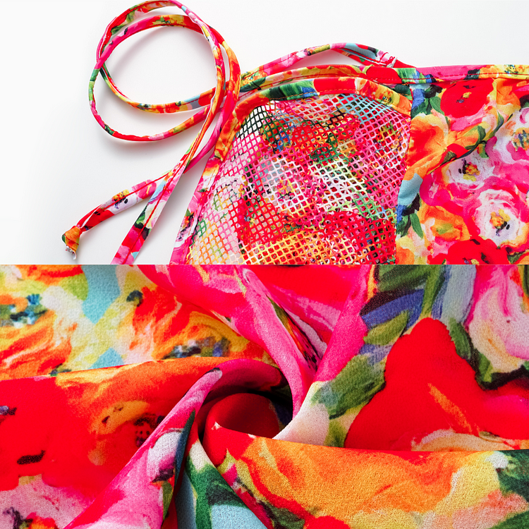 Maillot de bain bikini à volants et bretelles à imprimé floral, double épaisseur, et paréo 