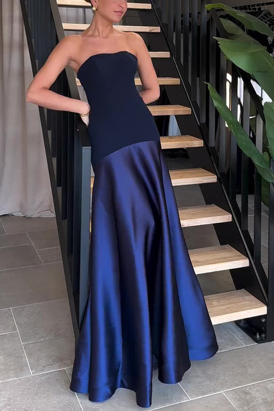Robe longue évasée bustier en satin patchwork à l'élégance intemporelle