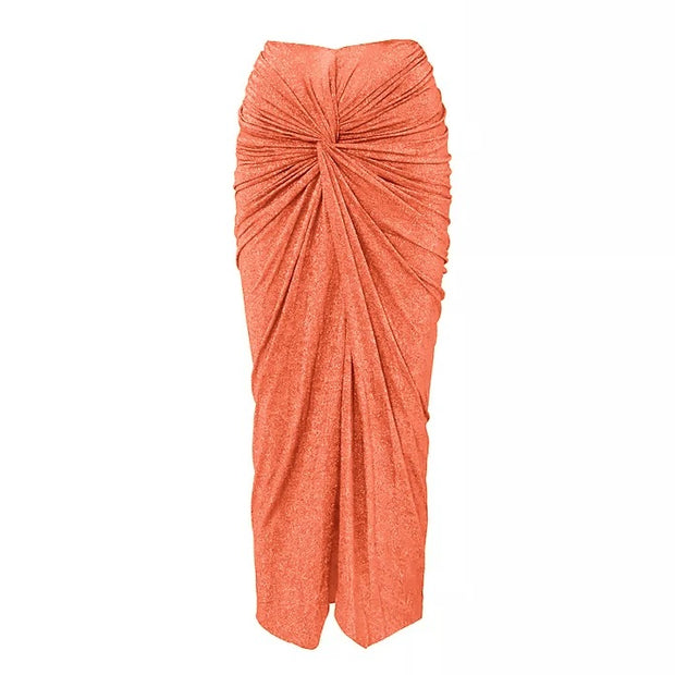 Shiny Texture Pleated Design One Piece Swimsuit and Skirt