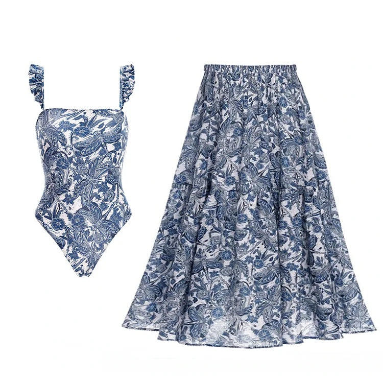 Maillot de bain une pièce bleu à volants et jupe imprimés swimgirls 