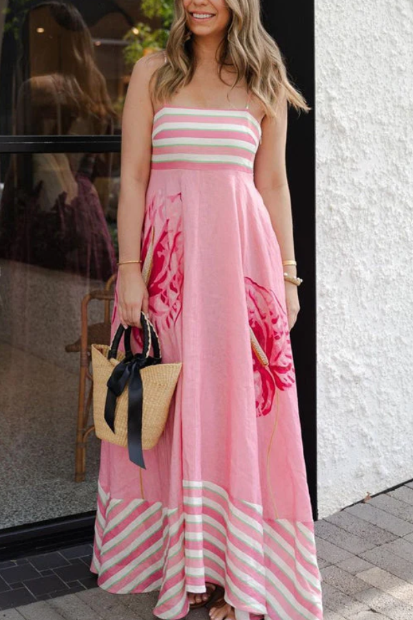 Robe longue trapèze à rayures et imprimé floral dos nu