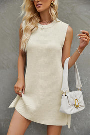 Solid color round neck knitted skirt fashion commuting slit dress