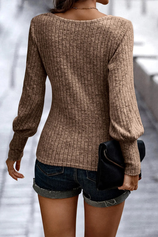 Crew Neck Ribbed Knit Jumper Tops Pullover