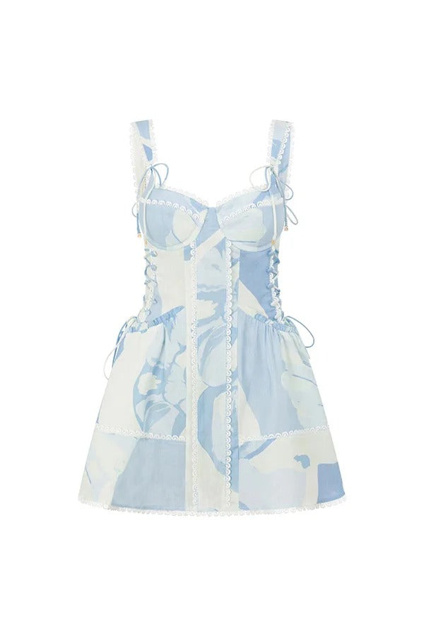 Robe courte Avere en lin mélangé à imprimé unique, bordure festonnée et lacets sur les côtés