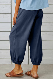 Tatum Linen Blend Elastic Waist Pocketed Button Hem Pants