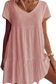 Cotton-Blend V Neck Casual Short Sleeve Weaving Dress