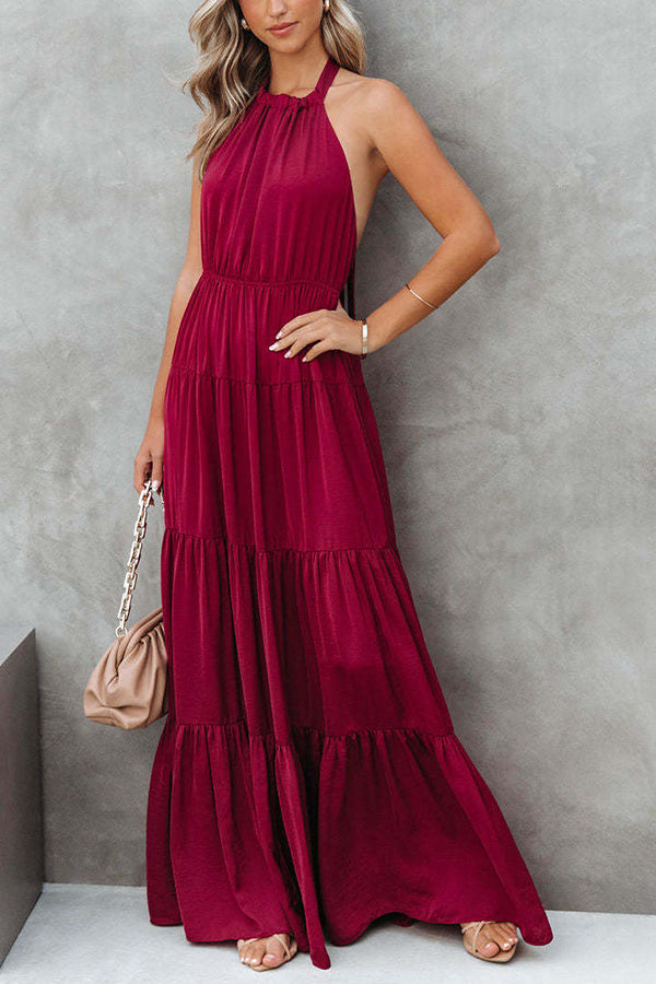 Elegant Halter Neck Tie Striped Pleated Dress