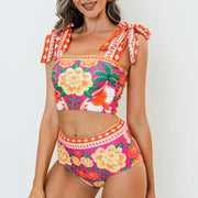 Bowknot Tie-shoulder Flower Print Bikini Swimsuit