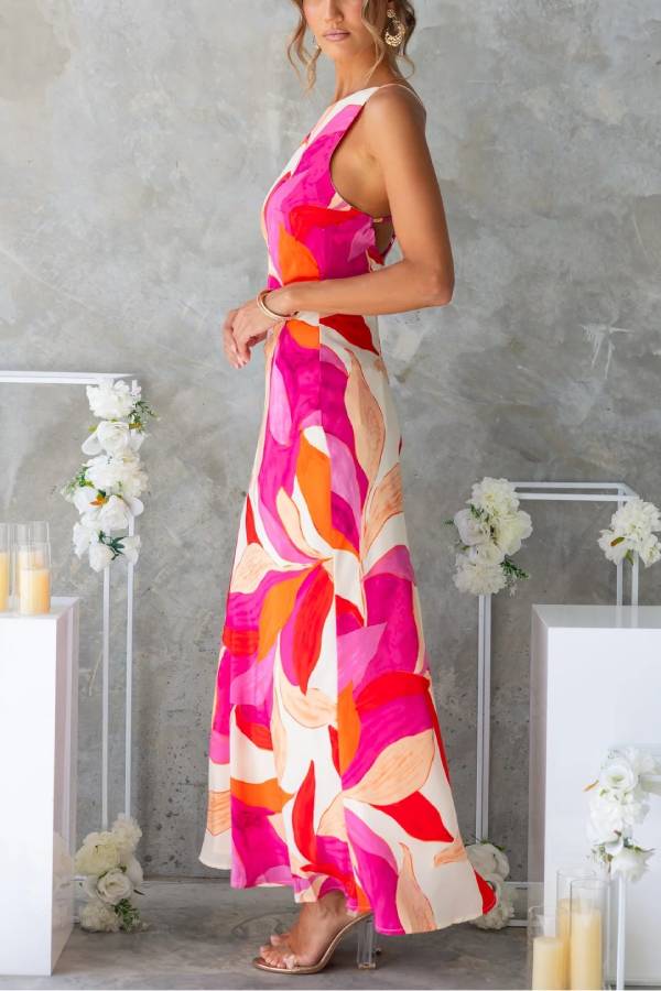 Botanical Print Sexy Sleeveless Open Back Maxi Dress