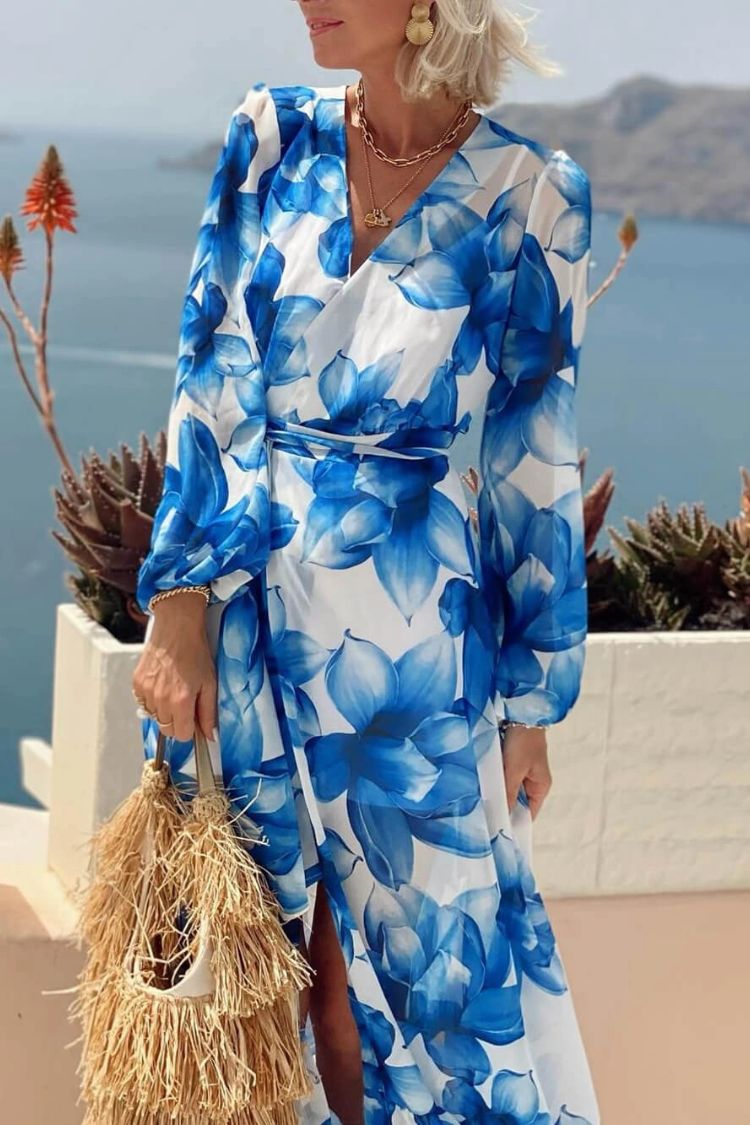 Island Girl Floral Print V-neck Long Sleeve Tie Slit Holiday Maxi Dress
