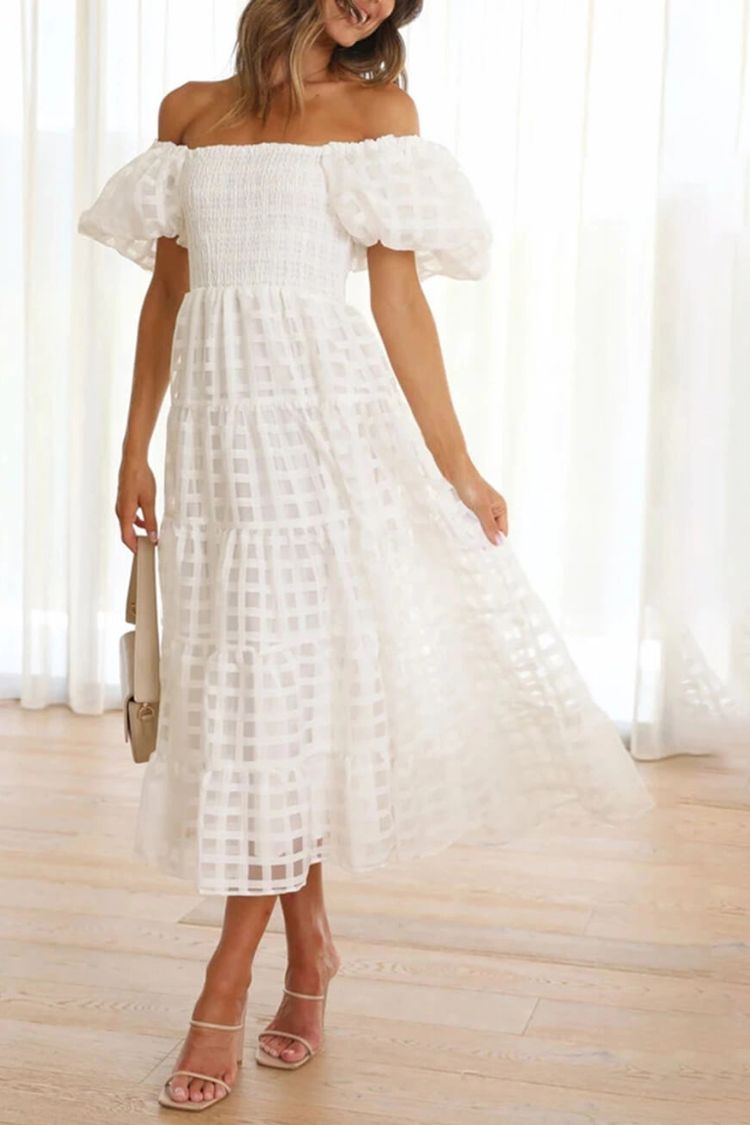 Fashionable One-Shoulder Chiffon Puff Sleeve Swing Midi Dress