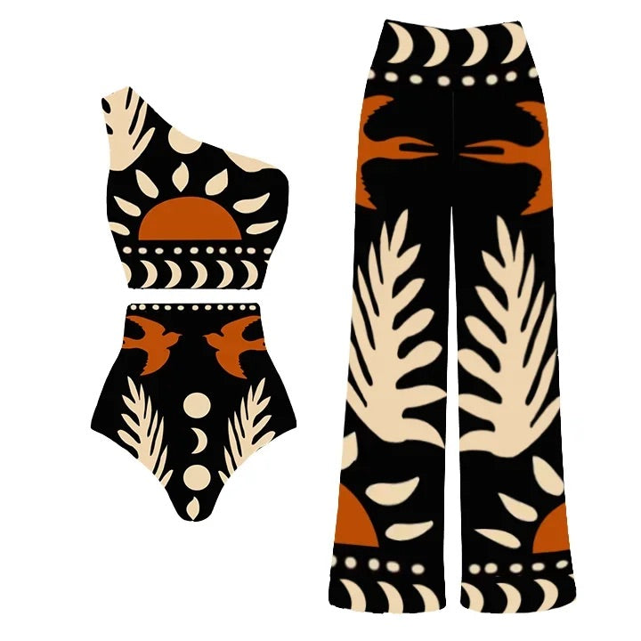 Maillot de bain bikini imprimé à une épaule et pantalon 
