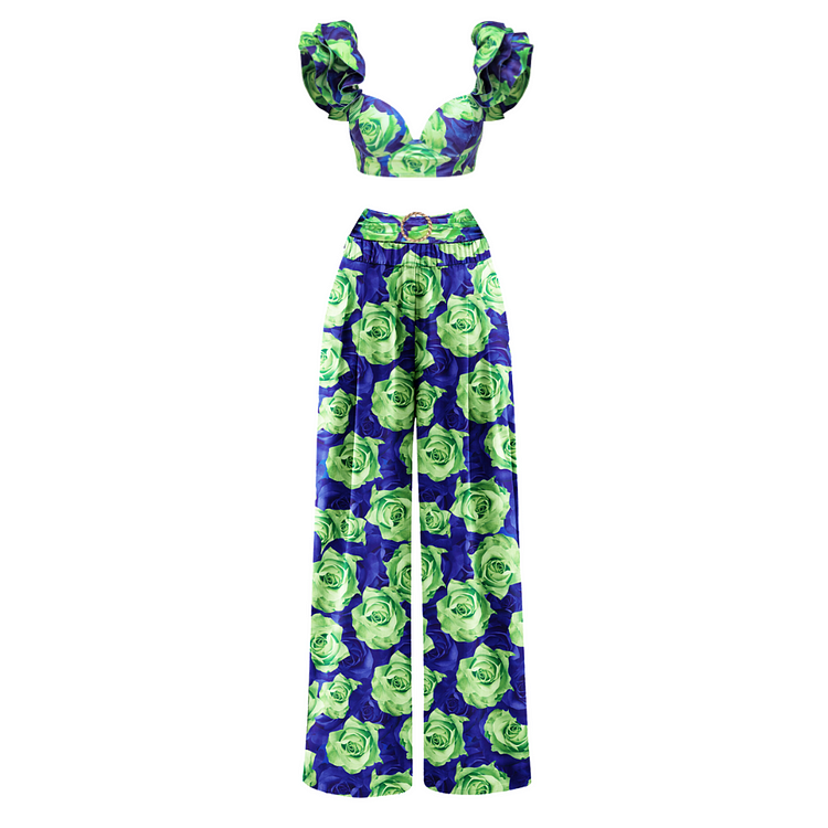 Maillot de bain et jupe bikini à gros volants contrastés bleu vert et rose 