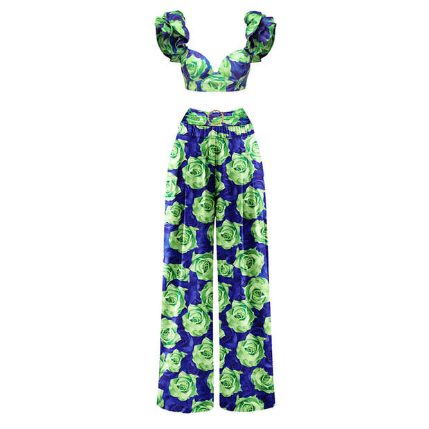 Blue Green Rose Big Ruffle Contrast Print Bikini Swimsuit and Skirt