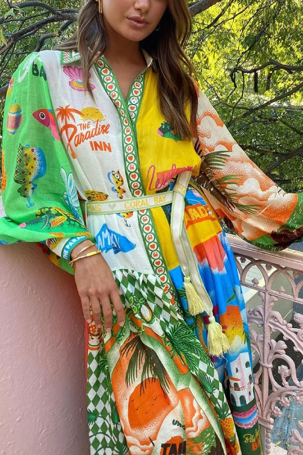 Bedrucktes Langarmkleid im Sommerurlaubsstil 