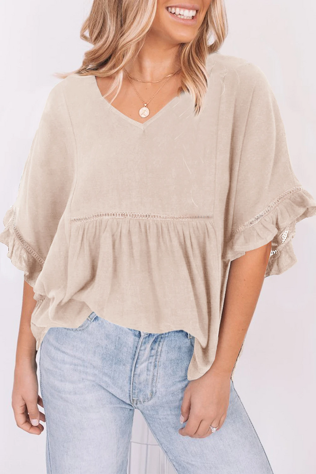 Plain V Neck Ruched Ruffle Trim Short Sleeve Blouse