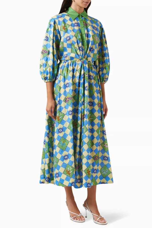 Travel Around The World Unique Print Balloon Sleeve Belt Shirt Midi Dress